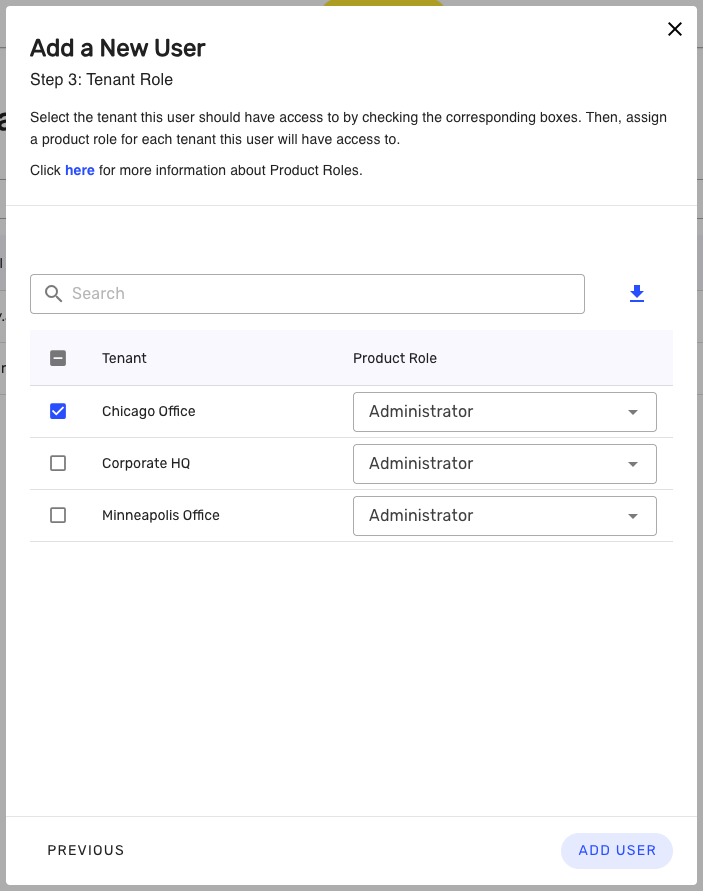 User role assignment interface showing tenant options for a new user setup.